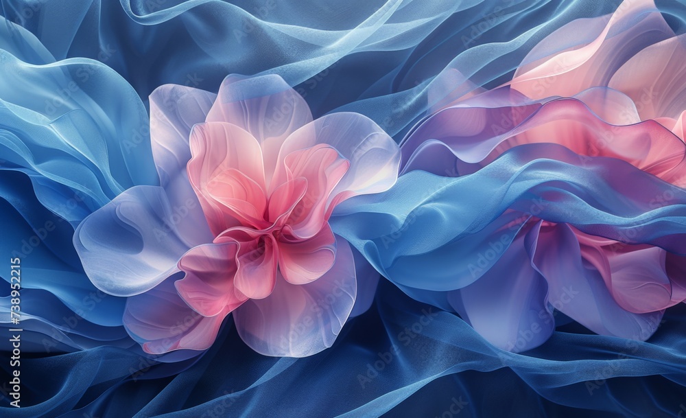 Beautiful Pink and Blue Flowers on a Soft Blue and Pink Fabric Background with a Relaxing Vibe