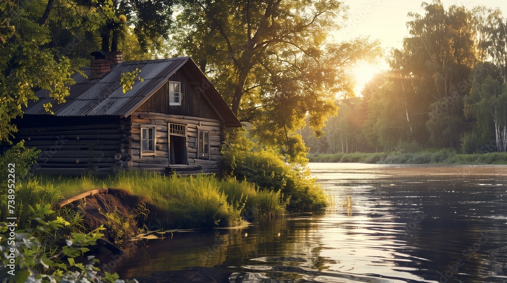 Fototapeta premium abandoned old wood house on a river bank at the sun set