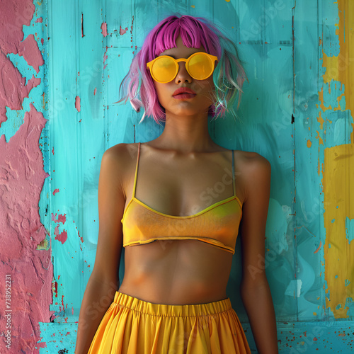 a young woman with colorful hair and sunglasses in front of a wall background