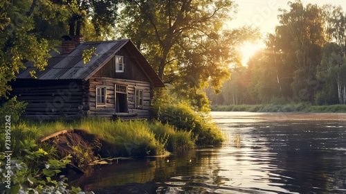 abandoned old wood house on a river bank at the sun set