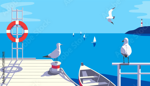 Seascape with seagulls, sailboat pier on sea coast vector illustration. Seaside holiday vacation travel poster background. Ocean bay scenic view of seabirds, yachts, sailing boats flat minimal design