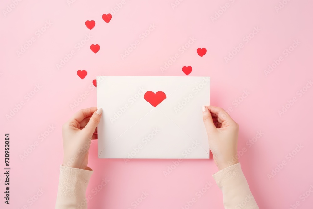 Human hands holding an envelope with hearts. Holidays and love concepts. Greeting card. Copy space. Valentine's day, Mother's day, Women's Day, Wedding, love concept Human hands holding an envelope with hearts. Holidays and love concepts. Greeting card. Copy space. Valentine's day, Mother's day, Women's Day, Wedding, love concept