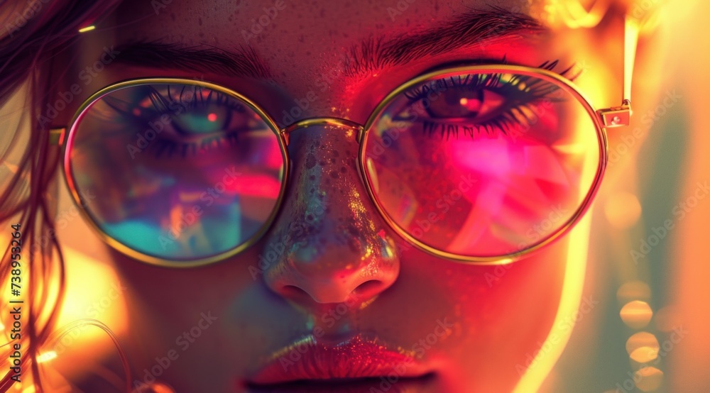 Close-up of a young woman with glasses in vibrant neon lighting, highlighting her features with a mysterious allure. Close-up of a young woman with glasses in vibrant neon lighting, highlighting her features with a mysterious allure.
