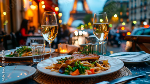 Table de restaurant avec des plats et une vue panoramique sur la tour Eiffel
