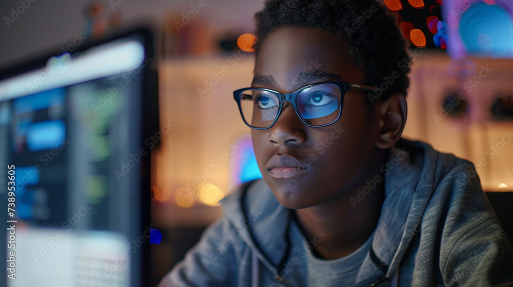 A teenage coder developing an educational software program that makes learning accessible and engaging for children from diverse backgrounds, embodying the inclusive values of Indi A teenage coder developing an educational software program that makes learning accessible and engaging for children from diverse backgrounds, embodying the inclusive values of Indi