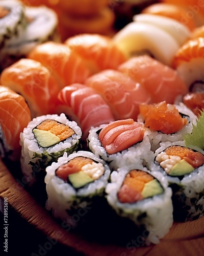 Plate of assorted sushi rolls with salmon, avocado, and cucumber 