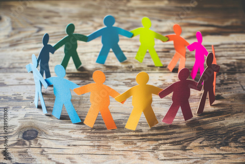 Diversity And Inclusion. Business Employment Leadership. Group of people holding hands together. colorful paper cut out figures of people hand in hand standing around a circle. photo