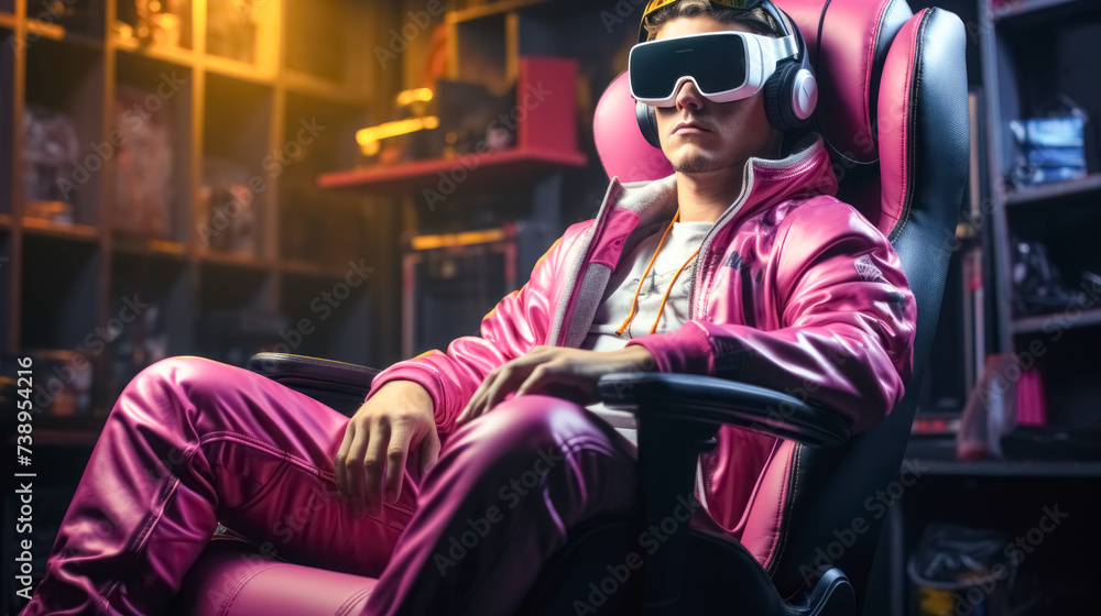 man sits in VR glasses, on neon gaming room