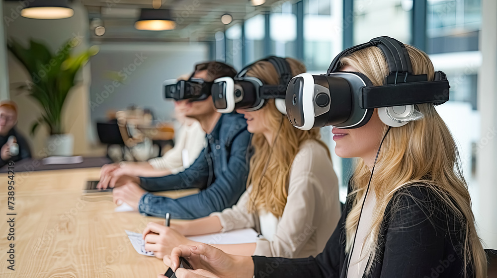 Woman makes presentation to her collegues, using the VR glasses Woman makes presentation to her collegues, using the VR glasses