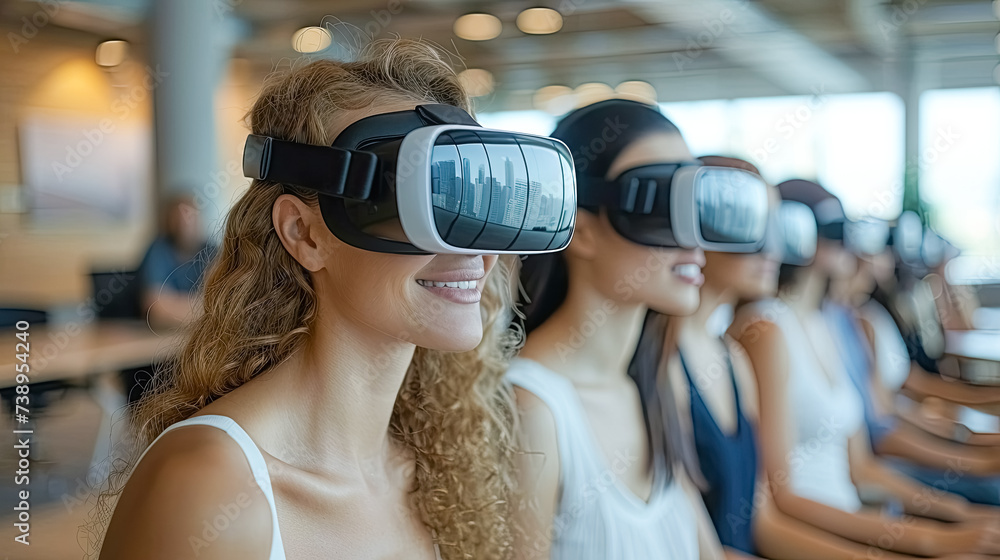 Woman makes presentation to her collegues, using the VR glasses