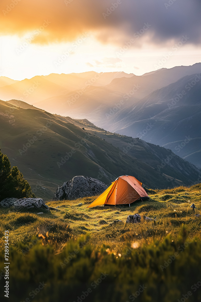 campsite with tent at nature, camping in mountains at sunset campsite with tent at nature, camping in mountains at sunset