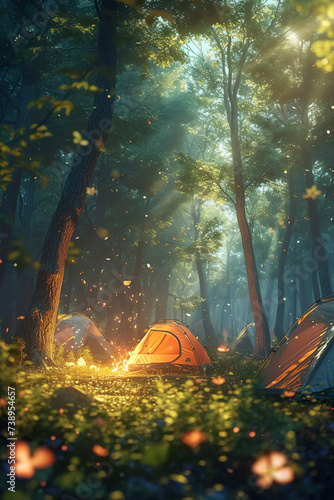 night camping with fireplace and tent, fire at campsite at night, travel and tourism concept
