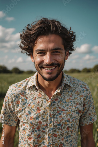 Hombre joven con camisa estampada sonriente en un paseo por el campo