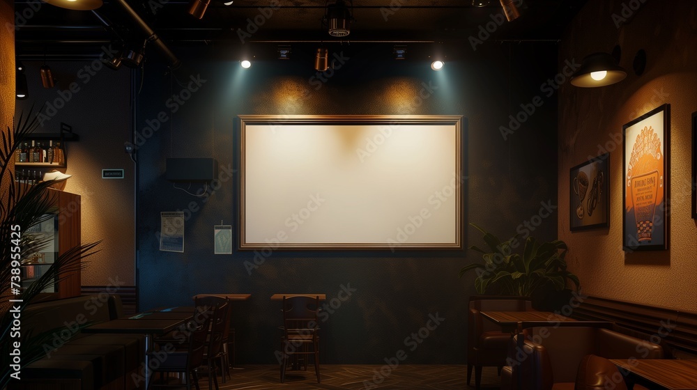 A jazz-themed coffee shop, featuring an empty canvas frame on a dark, moody wall, illuminated by the focused light of spotlight-style ceiling fixtures. A jazz-themed coffee shop, featuring an empty canvas frame on a dark, moody wall, illuminated by the focused light of spotlight-style ceiling fixtures.
