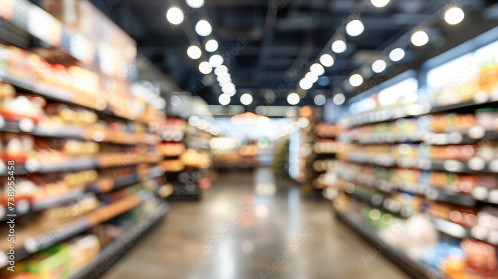 Supermarket aisle with a variety of products. Blurred background.