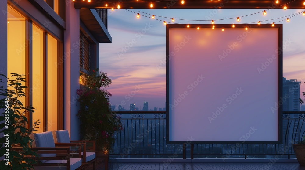 A modern house's balcony space, displaying an empty canvas frame against a backdrop of city skyline, illuminated by the ambient glow of outdoor string lights. A modern house's balcony space, displaying an empty canvas frame against a backdrop of city skyline, illuminated by the ambient glow of outdoor string lights.