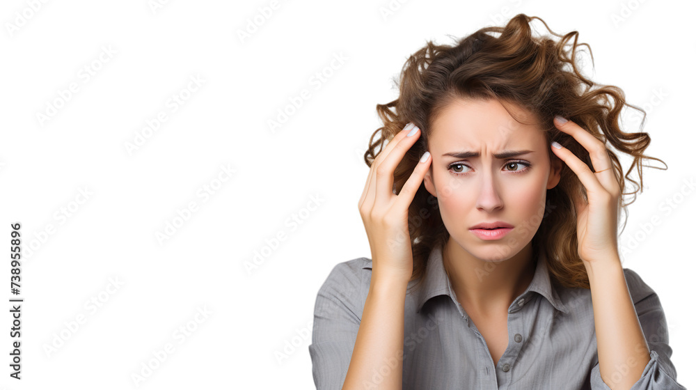 Depressed girl with open hairs and sad face isolated on transparent background. Depression, loneliness and mental health concept. Depressed girl with open hairs and sad face isolated on transparent background. Depression, loneliness and mental health concept.