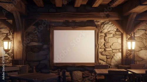 A rustic coffee shop with wooden beams, featuring an empty canvas frame against a stone wall, illuminated by the soft glow of wrought-iron lanterns.