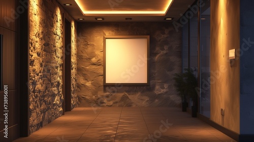 A spacious hallway in a modern house, featuring an empty canvas frame on a textured stone wall, lit by the warm glow of recessed ceiling lights.