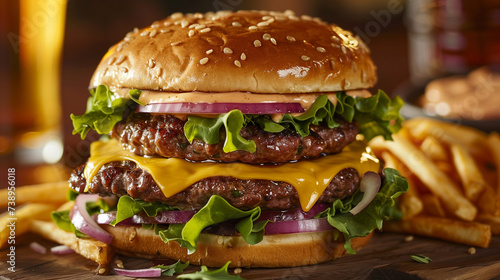 Double smash burger with cheese, lettuce, onion, dressing, fries, and cold beer on a wooden board