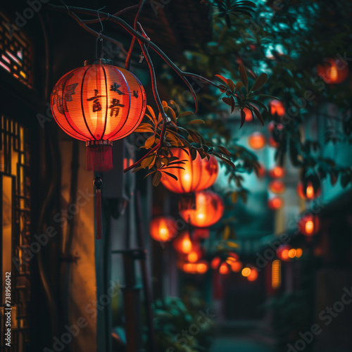 Traditional Lanterns Illuminating a Serene Alley at Dusk