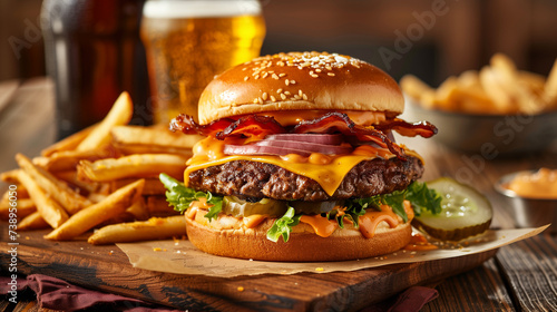 Double smash burger with cheese, lettuce, onion, dressing, fries, and cold beer on a wooden board