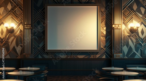 An art-deco inspired coffee shop, with an empty canvas frame on a wall with geometric patterns, lit by the stylish light of art deco fixtures.