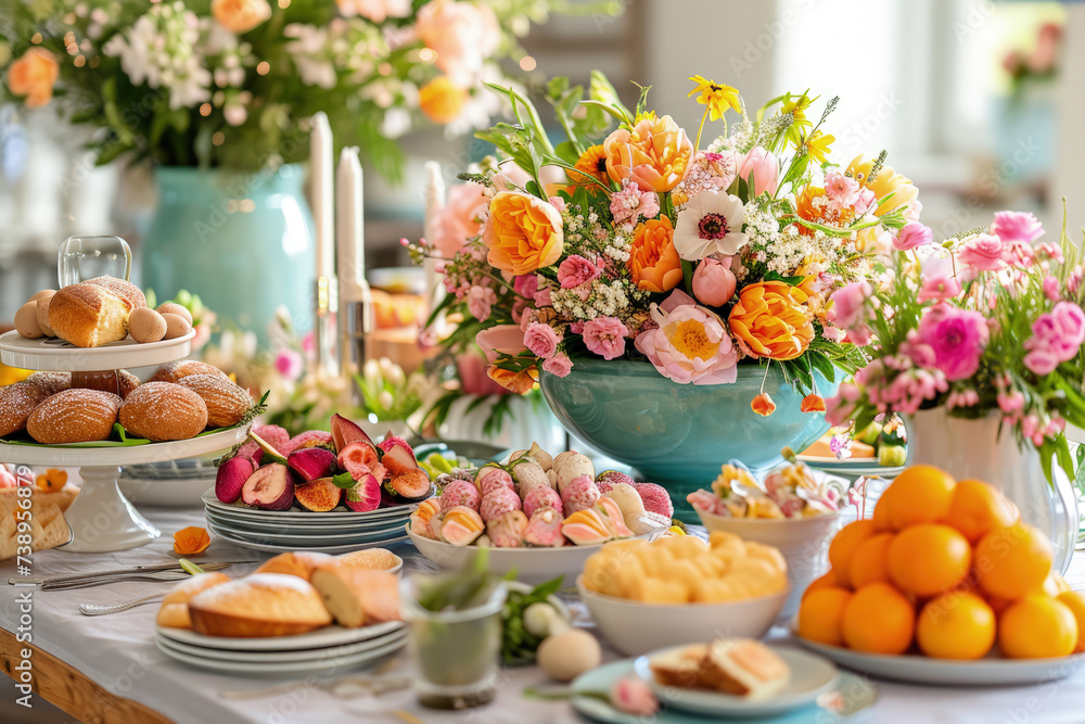 Beautifully Decorated Festive Easter Brunch Table with Mix of Traditional and Modern Easter Elements