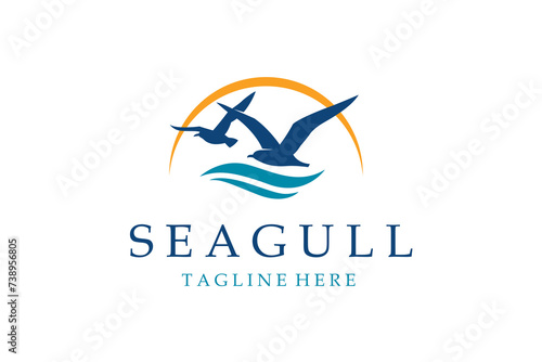 icon of sea waves with seagulls isolated on white background