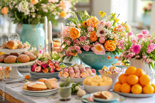 Beautifully Decorated Festive Easter Brunch Table with Mix of Traditional and Modern Easter Elements © Lazarenko O.