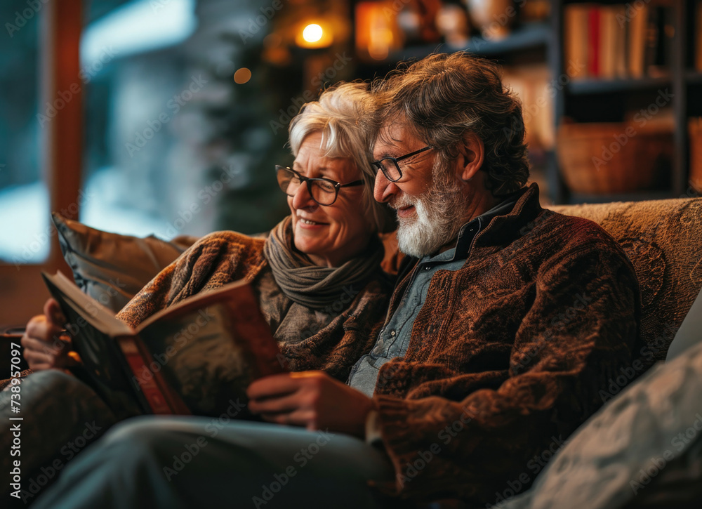 Mature couple reading book in cozy home.