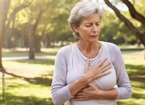 Concerned senior woman holding chest in park.