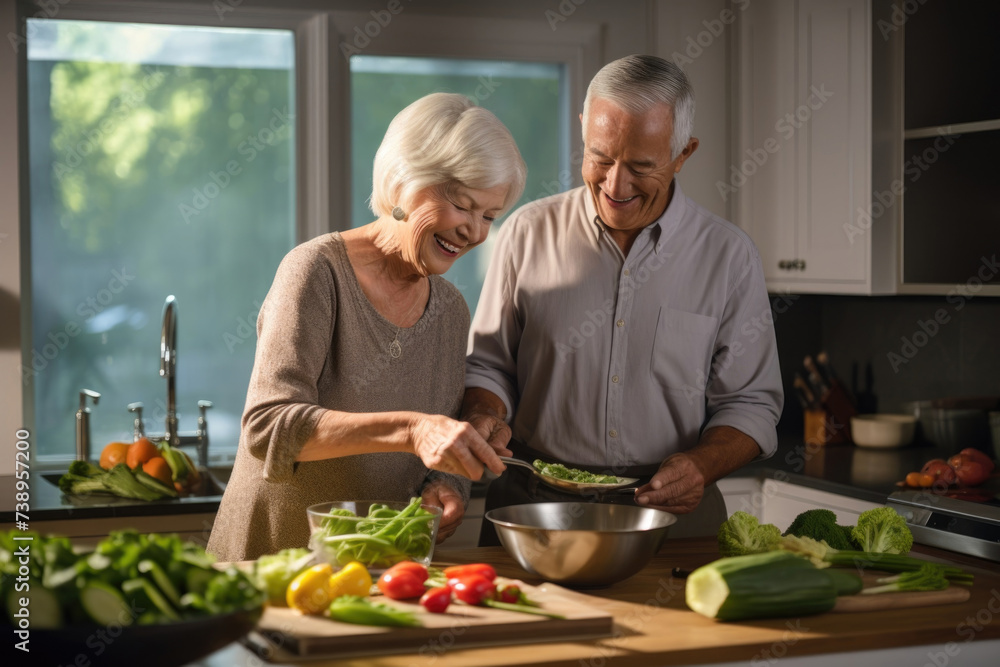 Mature couple enjoying cooking in a bright home kitchen. Mature couple enjoying cooking in a bright home kitchen.