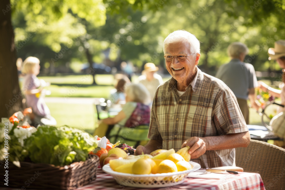 Elderly man smiling at picnic in sunny park. Elderly man smiling at picnic in sunny park.