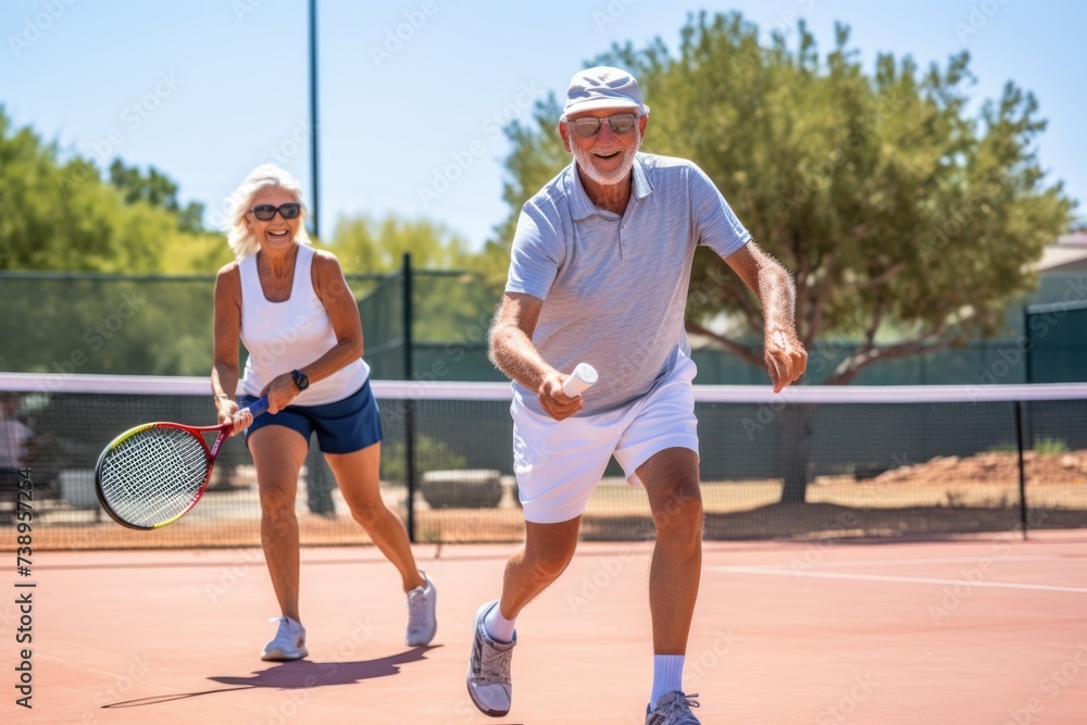 Joyful senior couple playing tennis together.