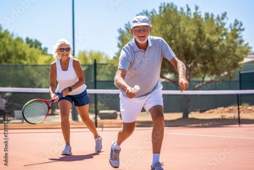 Joyful senior couple playing tennis together. © Marharyta