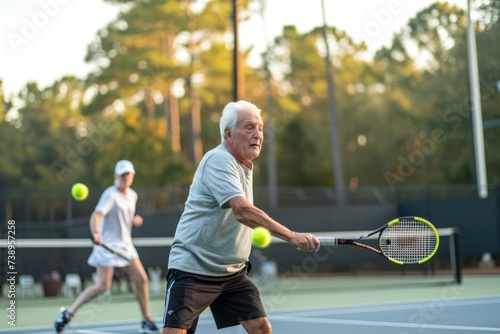 Joyful Senior Couple Playing Tennis Together © Marharyta