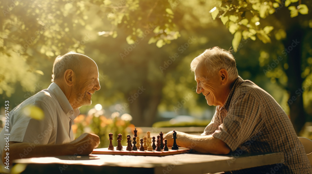 Senior men playing chess in sunlit park. Senior men playing chess in sunlit park.