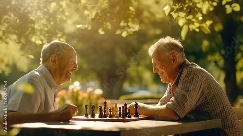 Senior men playing chess in sunlit park.