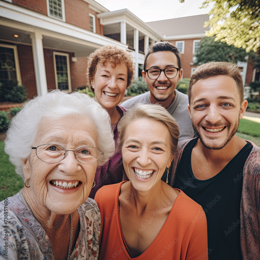 Obraz premium Family dinner with smiling young adults and grandmother.