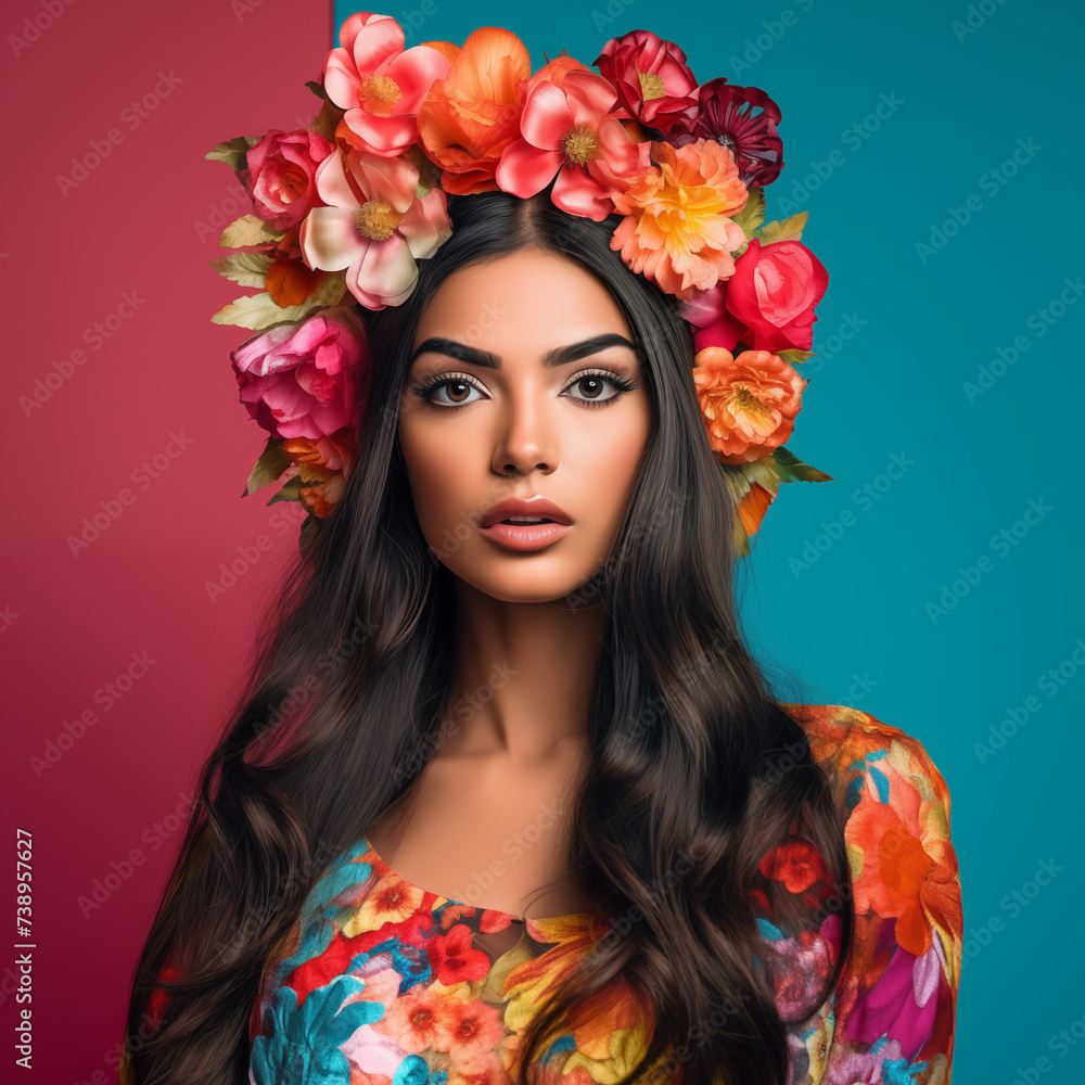Floral Majesty: Model Dons Vibrant Flower Crown with Colorful Printed Attire