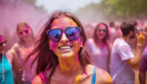 Happy young woman wearing sunglasses having fun in crowd at Holi festival of colors, summer party or music festival created with generative ai 