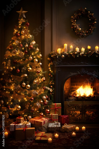 A Magical Christmas Scene: Decorated Tree, Beautifully Wrapped Presents, and Cosy Fireplace Amidst Snowfall