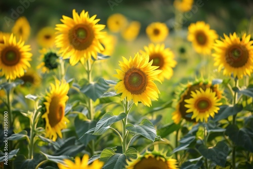 Field of yellow sunflowers glowing in the sun  closeup macro photography