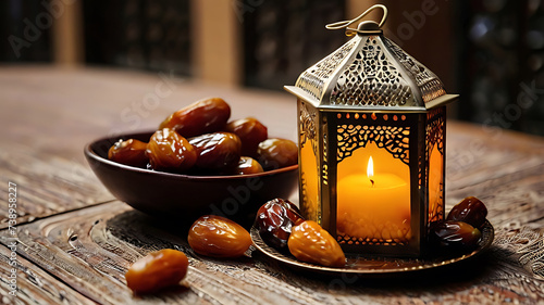 Ramadan lantern and dates table ai generated
