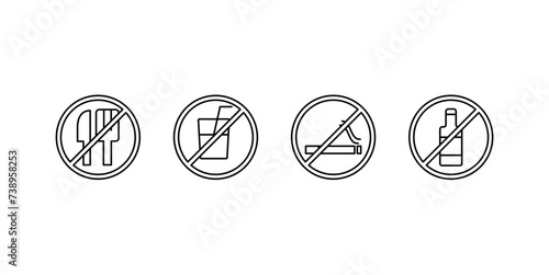 
No eating, no smoking and drinking sign vector icons, isolated white background.
