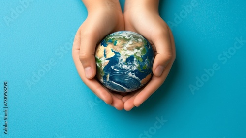 Caring hands embracing miniature earth on vibrant blue background with copy space