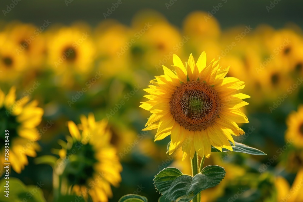 Fototapeta premium Field of yellow sunflowers glowing in the sun, closeup macro photography