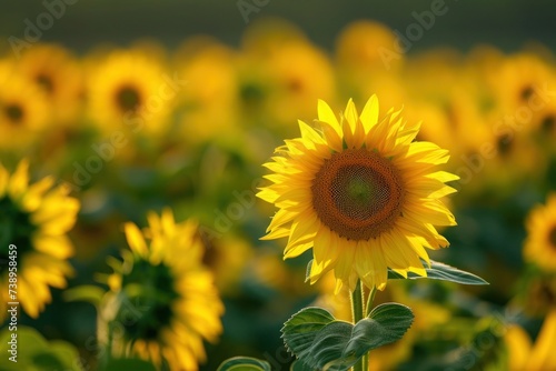 Field of yellow sunflowers glowing in the sun  closeup macro photography
