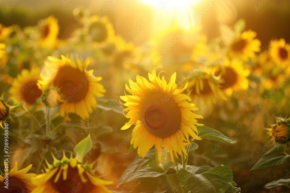 Fototapeta premium Field of yellow sunflowers glowing in the sun, closeup macro photography